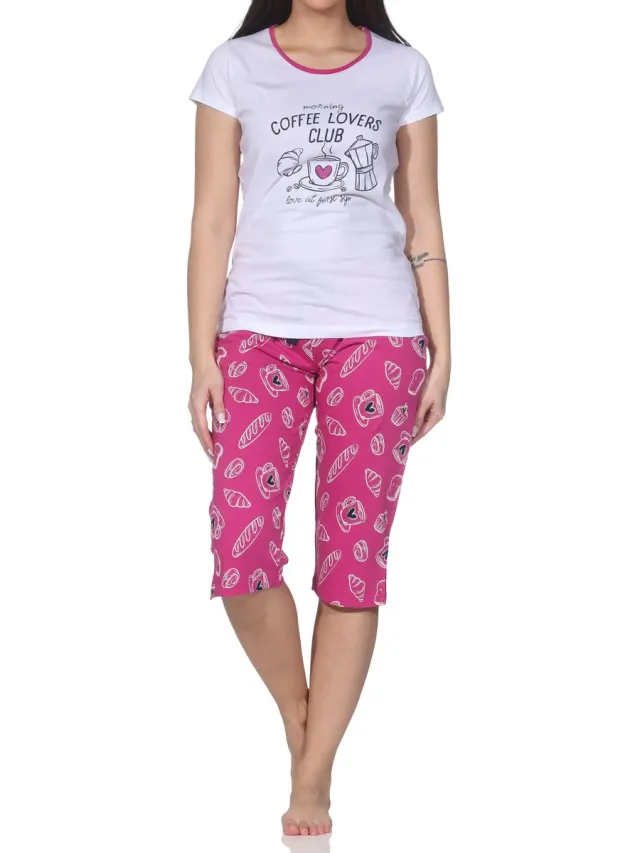 Normann dames capri shortama korte mouw Coffee Lovers Club ook in grote maten beere