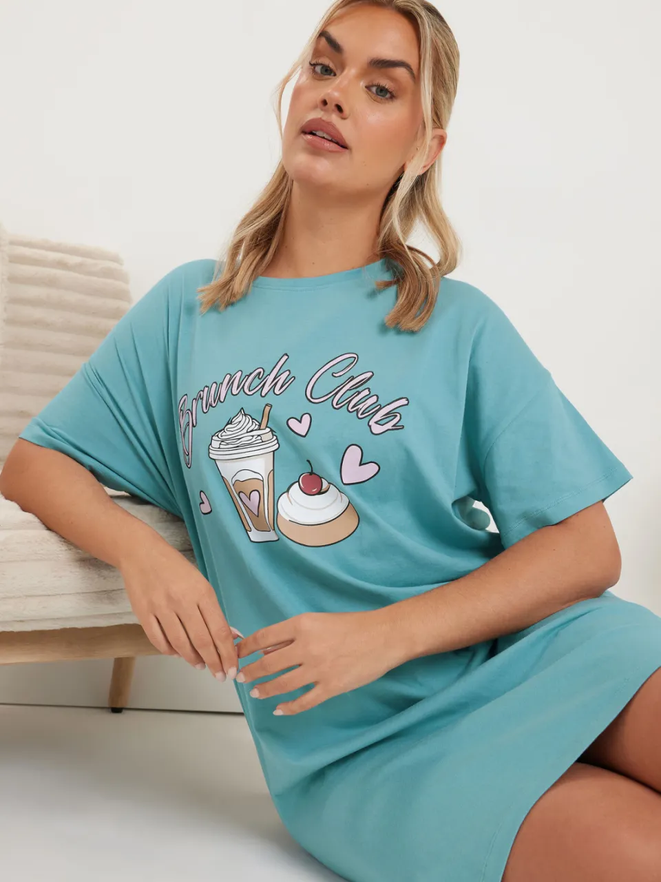 Yours Set Van Twee Paar Nachthemden Met 'Brunch Club' Slogan In Blauw/Zwart-52, foto 5