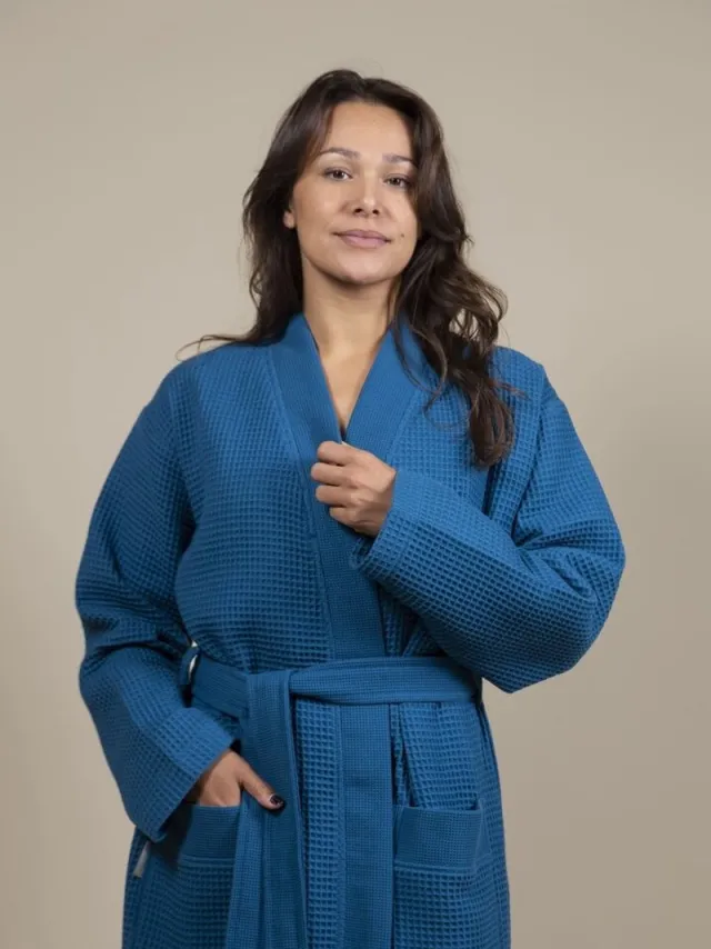 Avezano Royal Cozylion Wafel Badjas - Unisex Dames en Heren - 100% Katoen - Sauna Kimono met Ceintuur en Zakken - Petrol