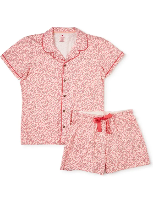 Little Label klassieke zomer pyjama - roze luipaard - bio katoen roze, off white