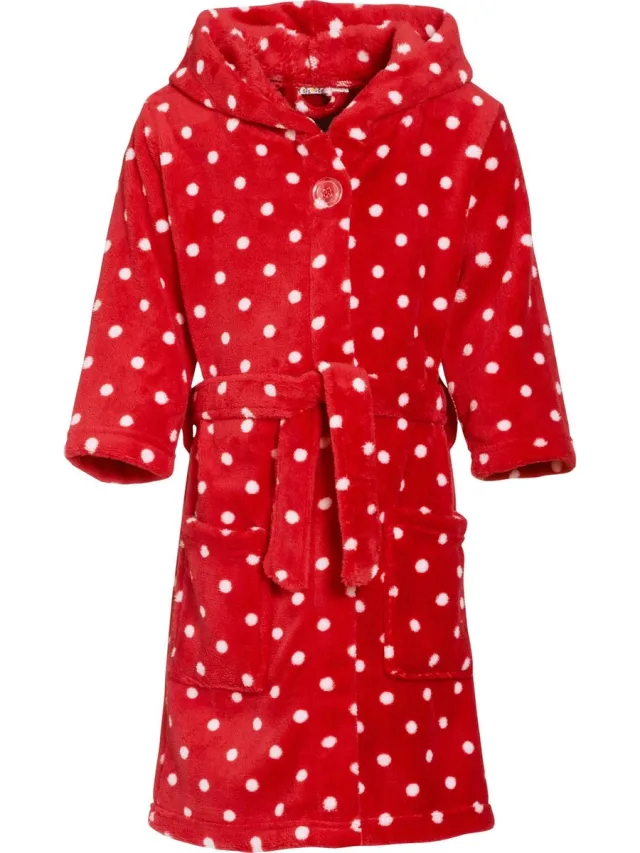 Playshoes Fleece badjas met capuchon - Stippen rood-116cm