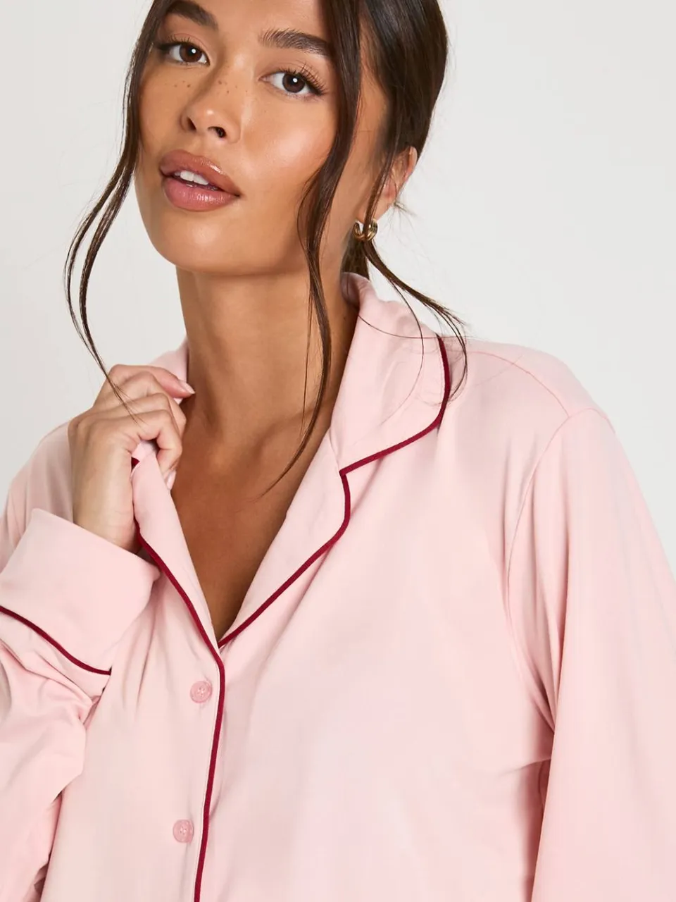 boohoo Dames Jersey Paspeldetail Langemouwig Shirt & Broek Pyjama Set baby roze, foto 3