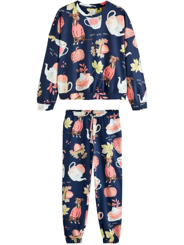 Next Dames - Pyjama van 100% katoen met lange mouwen - Blauw Navy Whippet Pumpkin