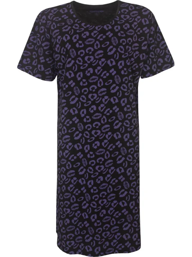 Temptation Dames Bigshirt - Paars Kusjesprint - Zwart