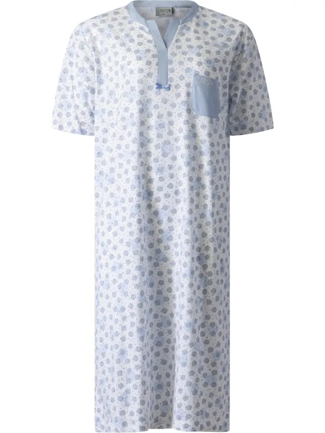 Lunatex dames nachthemd 224176 - korte mouw - 100% katoen - blauw Blauw met wit
