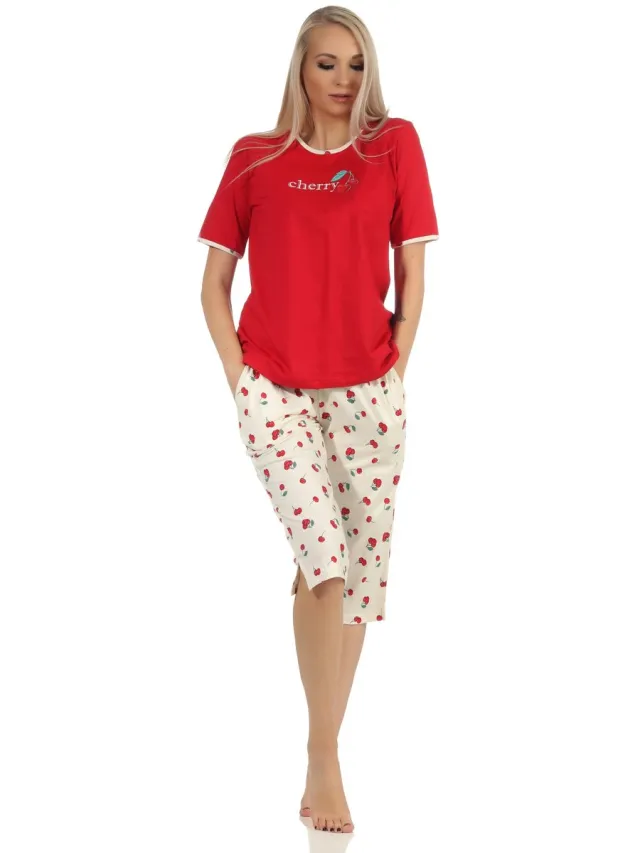 Normann Leuke dames capri pyjama korte mouw met kersen motief - 112 204 90 535 rot
