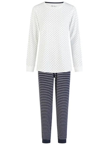 By Louise Dames winter pyjama set lang badstof wit/donkerblauw gestreept Veelkleurig