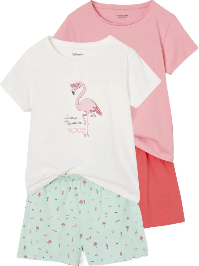 vertbaudet Lot 2 meisjespyjama's 1 regenboogmotief + 1 roze flamingo-motief turquoiseblauw
