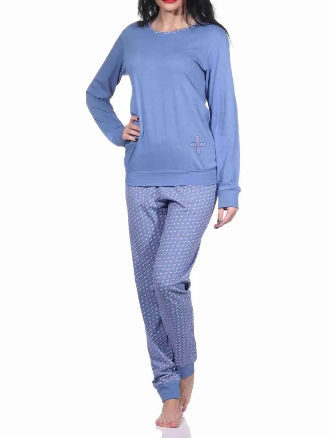 Normann Damespyjama met lange mouwen, manchetten en allover bedrukte broek - 222 201 10 781 blau