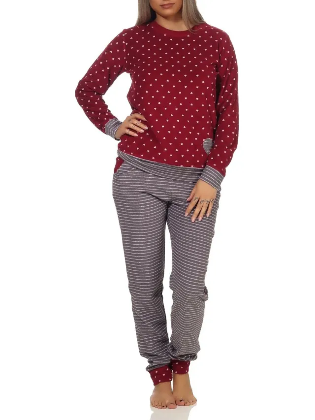 Normann Damesbadstofpyjama met manchetten in hartjesstippen en ringdesign - ook in oversized maten Tupfen rot
