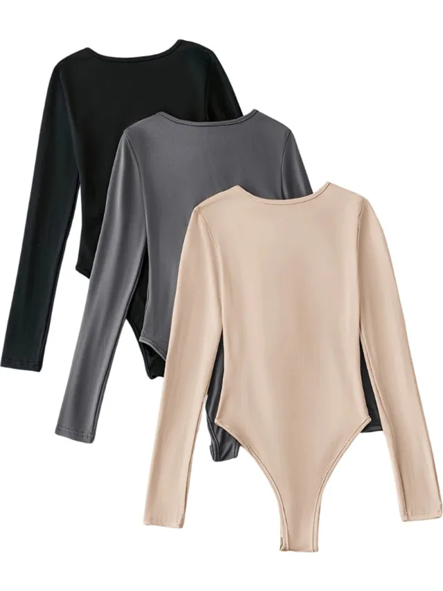 Nivard Bodysuit Dames - Jumpsuit - Corrigerend Ondergoed - Body plunge - Lingerie - Setje Vrouwen - 3 Pcs - Zwart/Abrikoos/Donkergrijs
