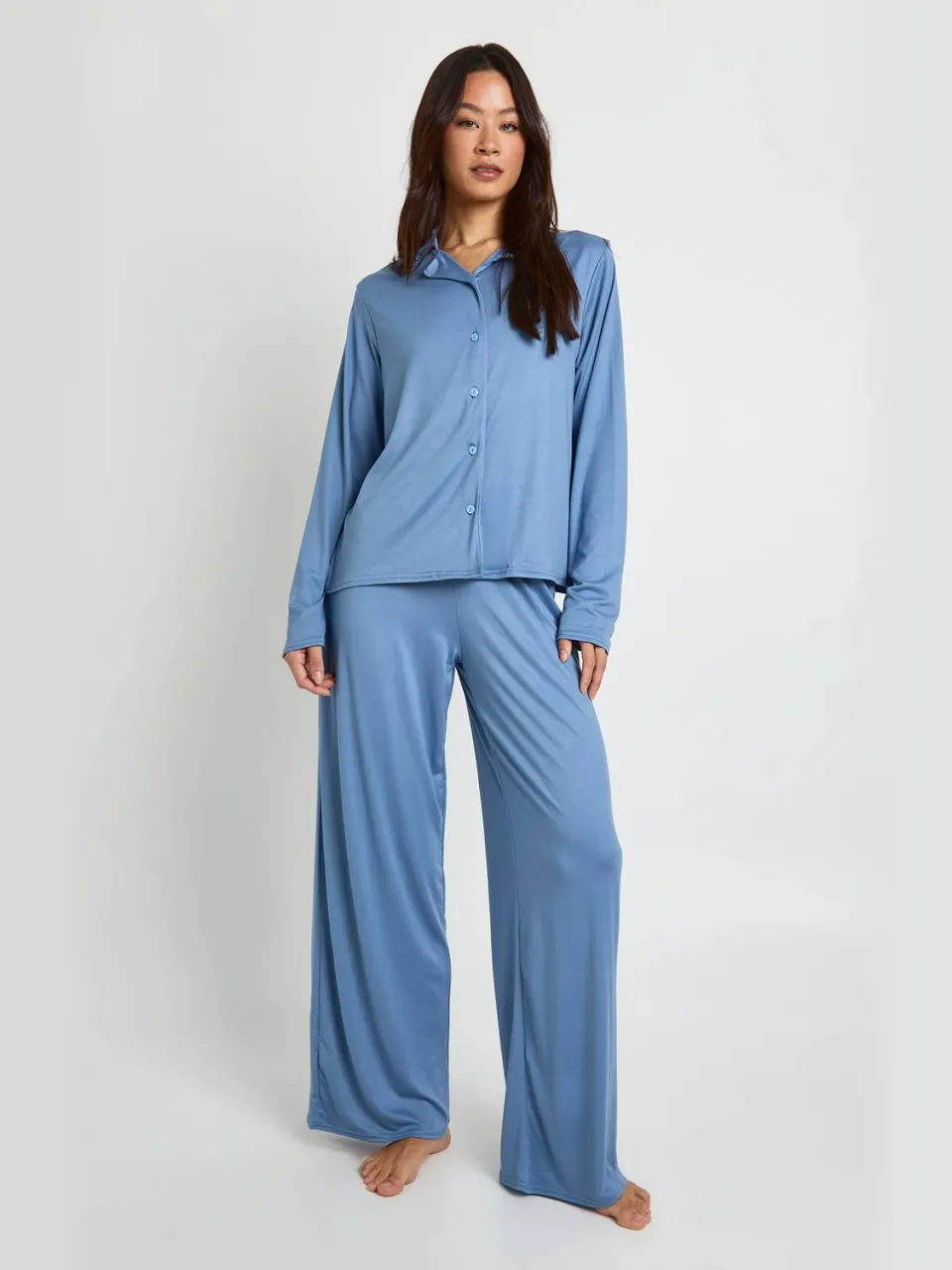 boohoo Dames Lang overhemd met lange mouwen & broekpyjamaset stoffig blauw, foto 3