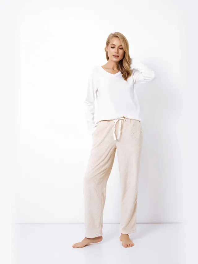 Aruelle Dames Pyjama Zahra-Lange Mouwen-V-Hals Top & Broek met Zakken-Verstelbare Taille-Beige-Wit beige/wit