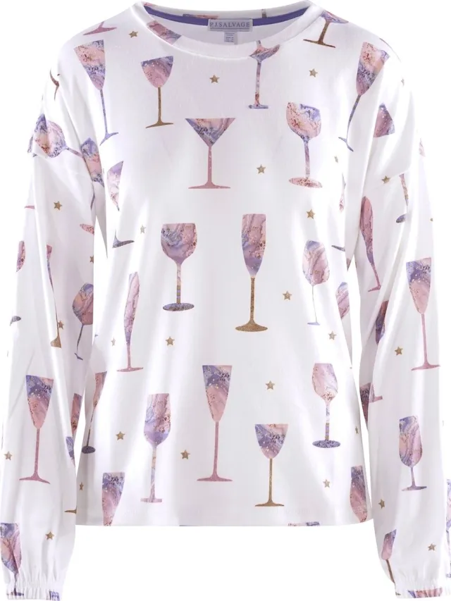 P.J. SALVAGE CO. Pyjamatop IT'S A WINEFUL LIFE gebroken wit