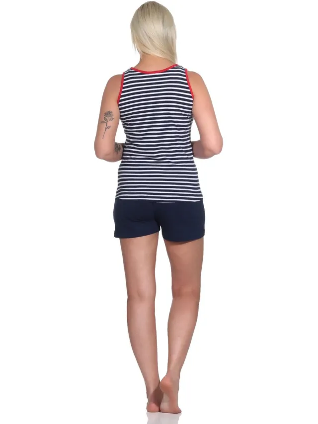 Normann Maritieme mouwloze damespyjama shorty met vuurtorenmotief - ook in oversizes marine
