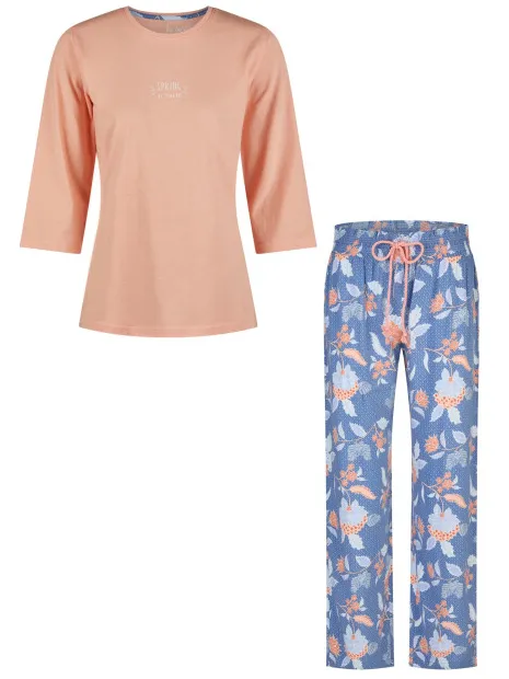 By Louise Dames pyjama set lang oranje/blauw gebloemd Veelkleurig