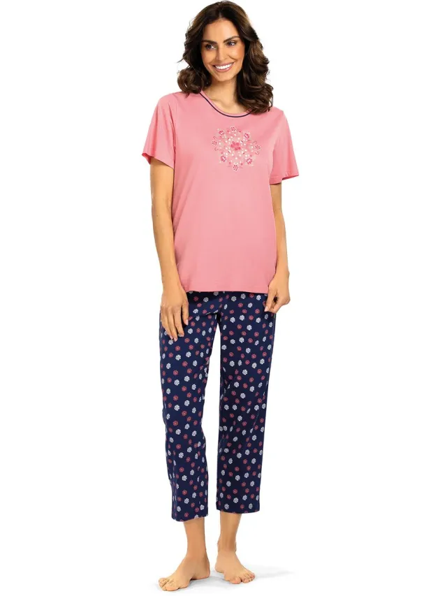 Comtessa Dames Pyjama - Katoen - Zomer - 7/8 broek - Flamingo roze