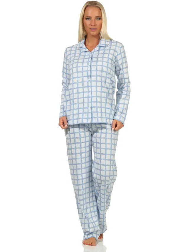 Normann Dames jersey pyjama met doorknoop in ruitjesoptiek - ook verkrijgbaar in oversize hellblau