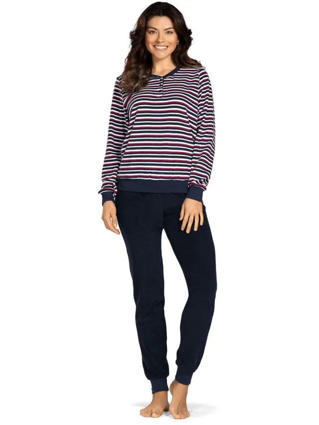 Comtessa Badstof dames pyjama - navy blue gestreept