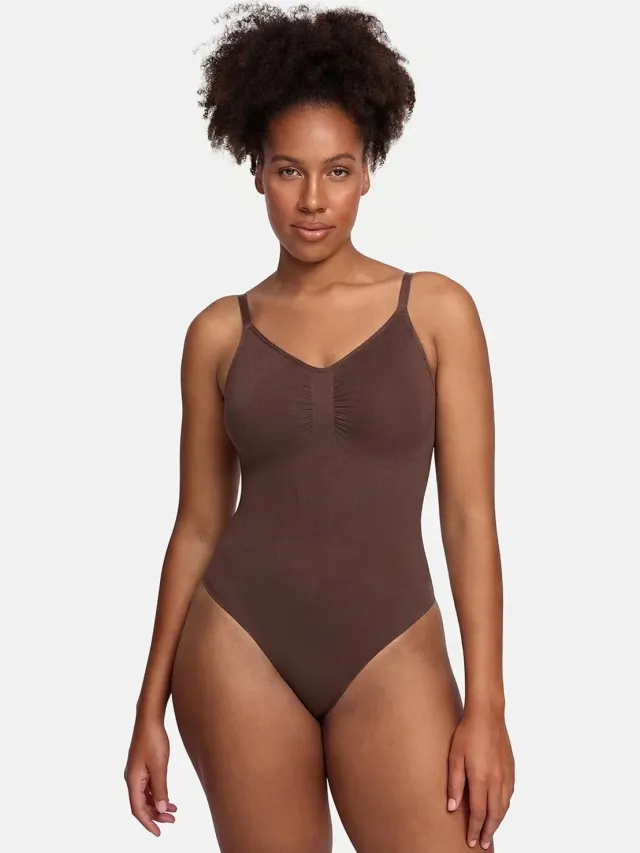 cfab Bodysuit met corrigerende werking en koordjes - Bruin - 2XL - Corrigerende Body - Naadlos - corrigerend ondergoed dames