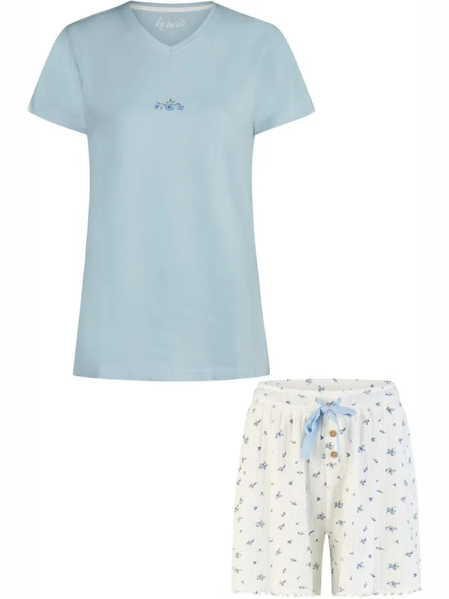 By Louise Dames Korte Pyjama Set Shortama Lichtblauw/Wit Gebloemd
