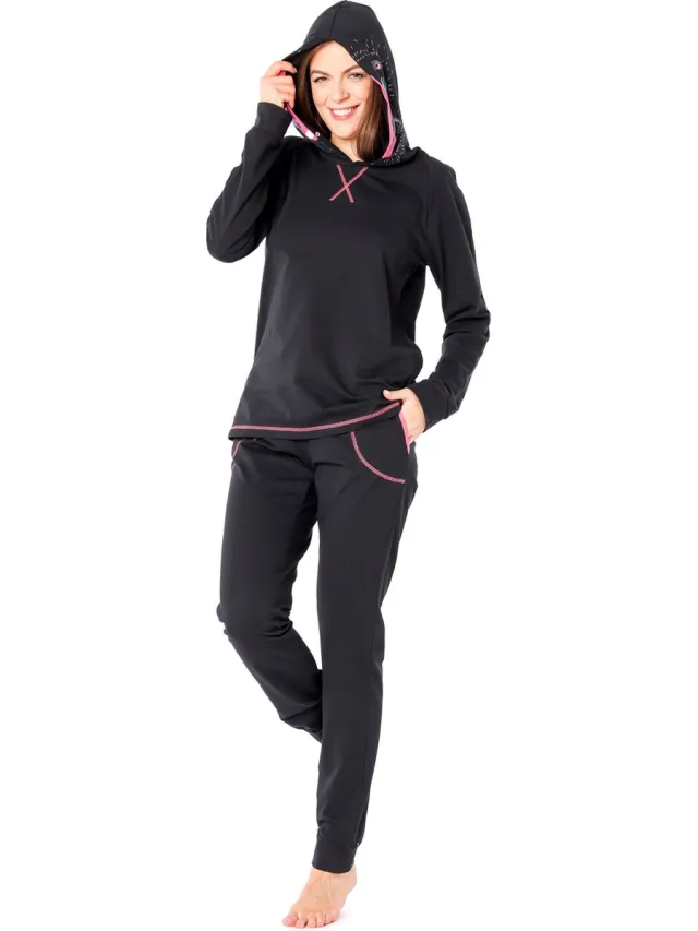 Ladeheid Dames Pyjama - met Capuchon - Lange mouwen - Lange broek - Katoen - LA-LA40-238-PJ - Zwarte Pavian