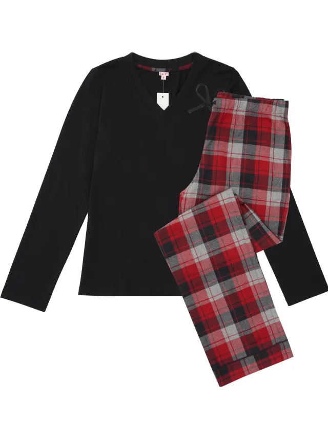 La V La-V pyjamasets voor dames met geruite flanel broek Zwart/ Rood XXL (Valt klein) Zwart/Rood
