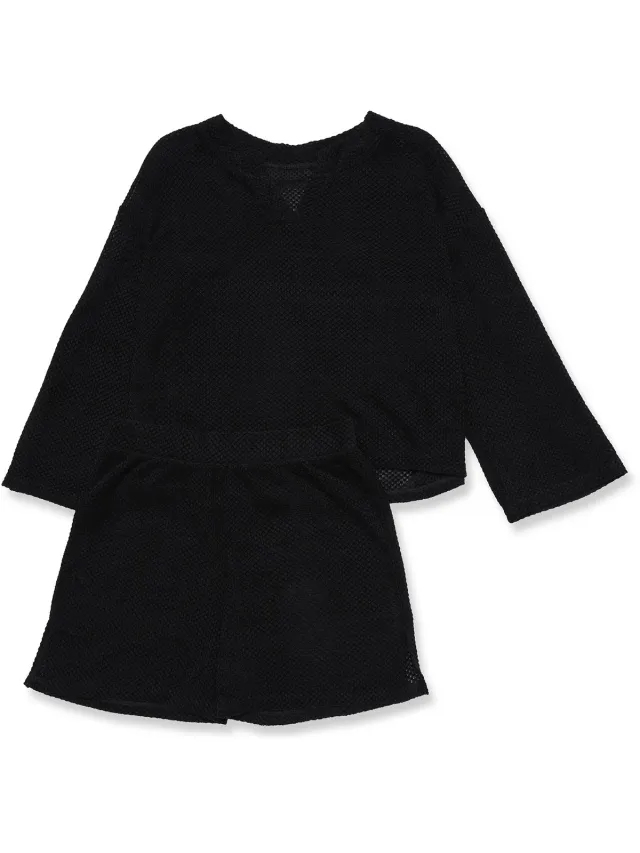 ESOTIQ Jessy - Damespyjamaset - Azuurpatroon - Blouse met lange mouwen - Shorts Zwart