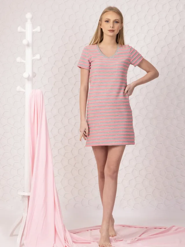 Vanilla Stripes dames nachthemd - Egyptisch katoen - PJ8929 - Roze