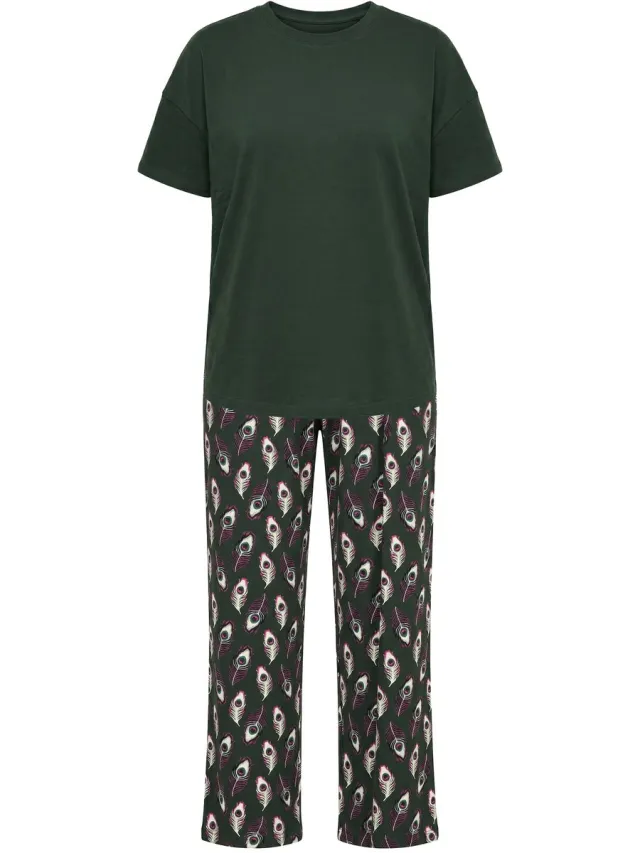 Studio Untold Dames - Pyjama tweedelig effen shirt lange broek met print - Donkerolijf - Maat 50+