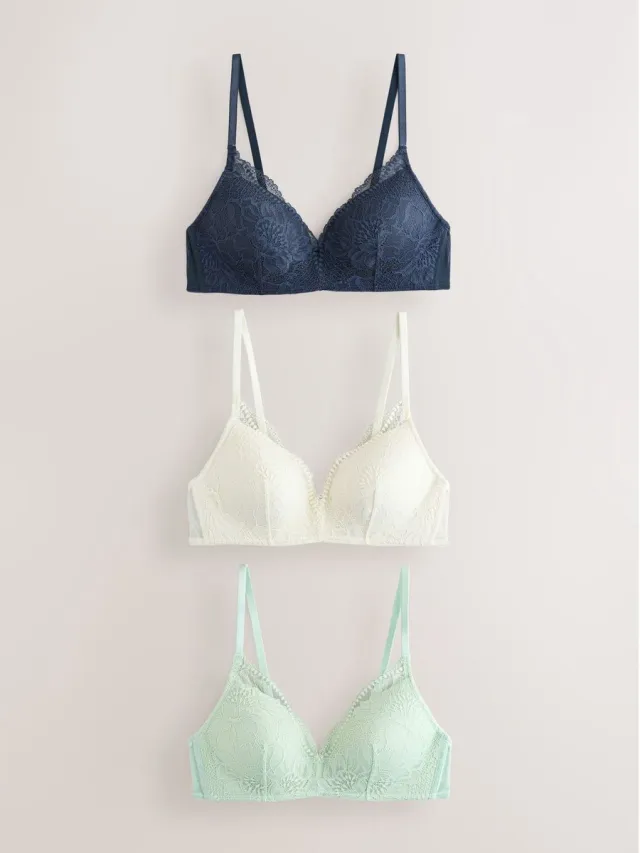 Next Dames - Set van 3 kanten beha's zonder beugel met vullingen - Blauw Green/Navy/Cream