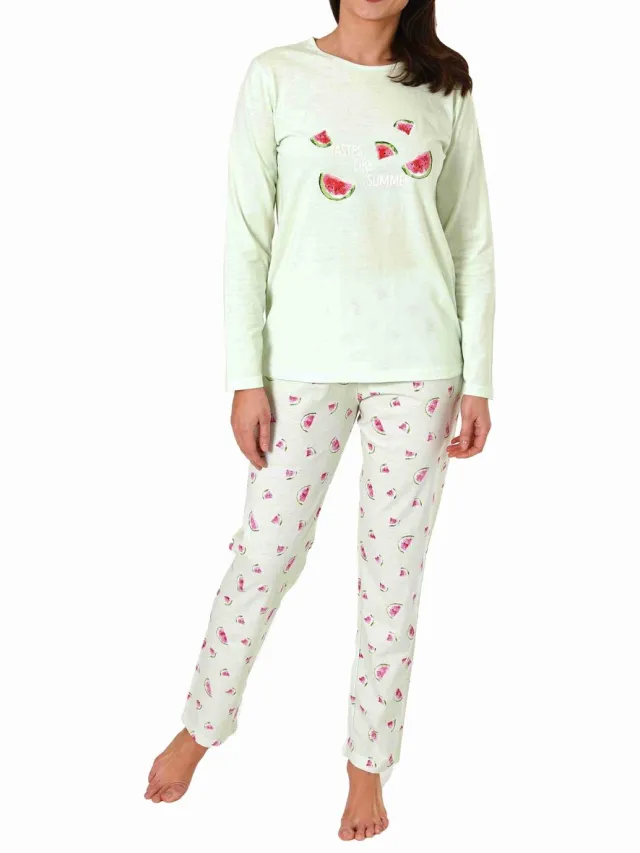 Normann Lieve lange pyjama voor dames met meloenmotief, pyjamabroekje all-over bedrukt grün