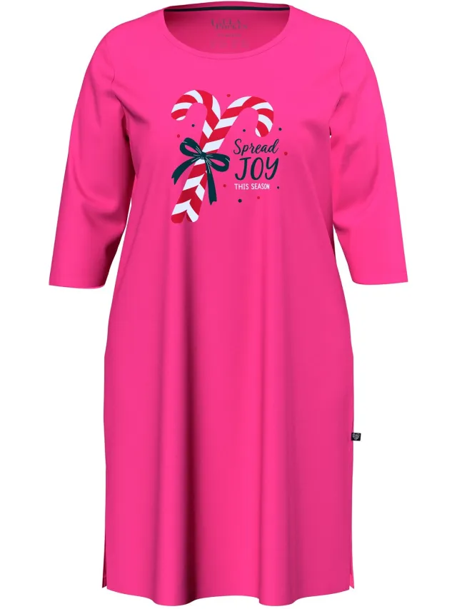 Ulla Popken Dames - Big kerstshirt zuurstokmotief ronde hals 3/4-mouwen - Roze - Maat 42+