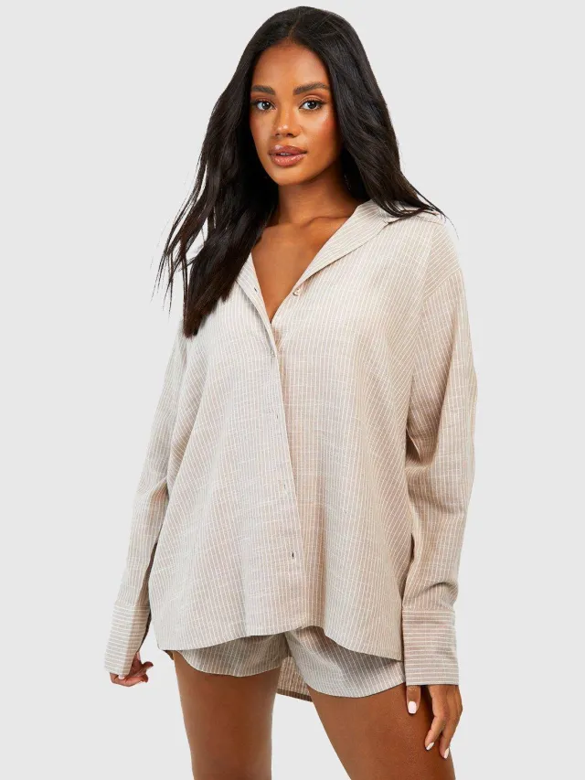 boohoo Dames Katoenen Tonale Streepjes Oversized Pyjamashirt Steen