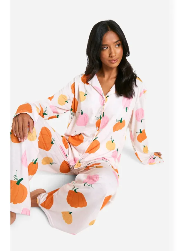 boohoo Dames Petite pyjama set met pompoenprint Oranje