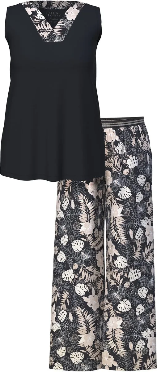Ulla Popken Dames - Pyjama bladeren V-hals mouwloos zakken - Zwart - Maat 46+