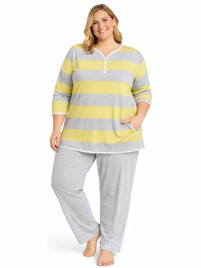Normann Dames pyjama 100% katoen Geel/Grijs - maat 4XL (60/62)