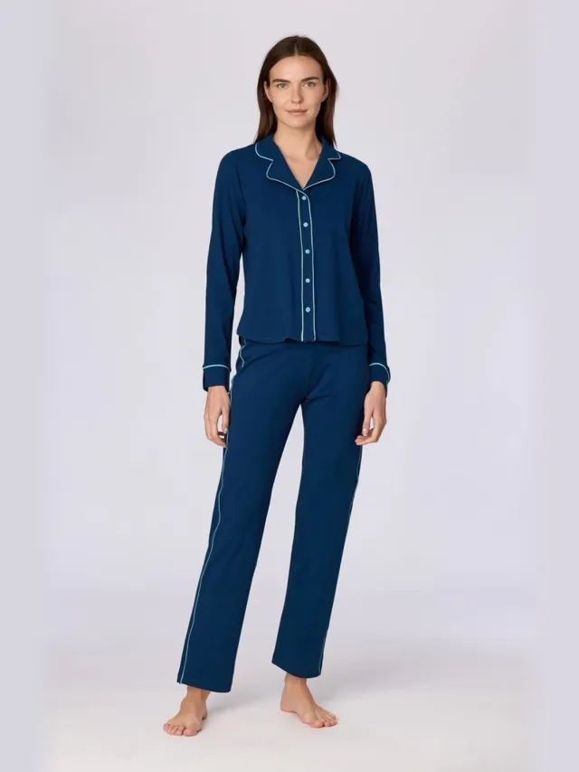 Woody pyjama dames doorknoop - donkerblauw - 262-15-XPE-Z/881