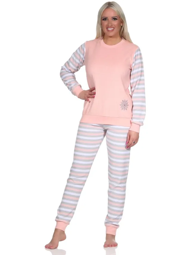 Normann Ringetjes Badstof pyjama voor dames met lange mouwen en ijskristallen rosa