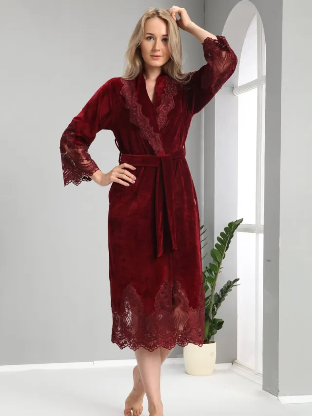 A Sense of Love Dames Velours Badjas /Ochtendjas Sofie / Bordeaux kleur /