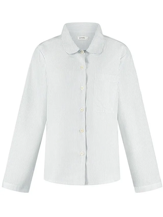 Yumeko pyjamashirt dames katoen TENCEL™ wit/blauw stripe l White-Blue Stripe
