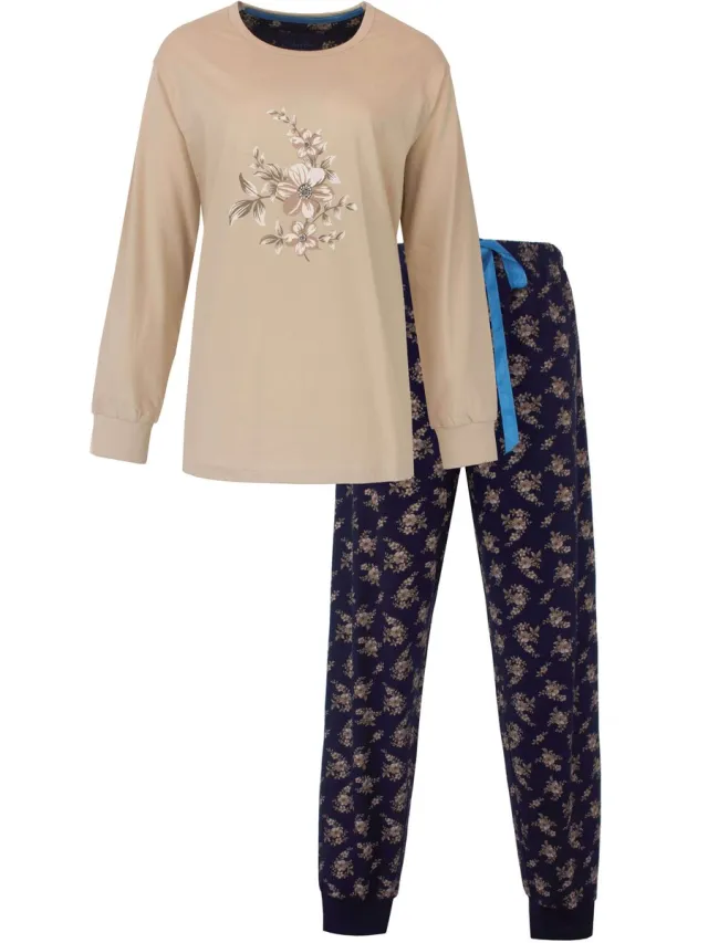 Medaillon Dames Pyjama - Katoen - Lange Broek - Beige