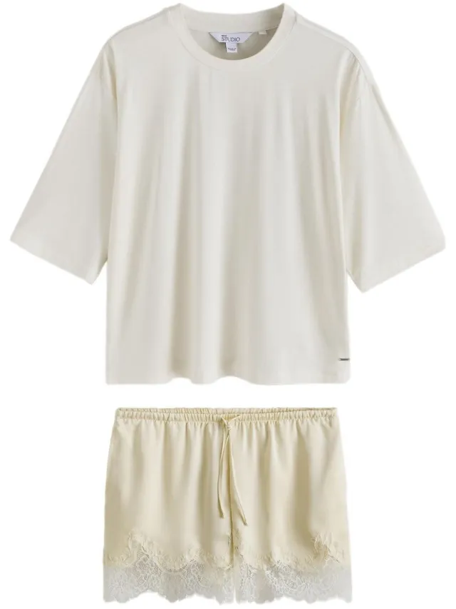 Next Dames - Pyjamaset met short en kanten details - Crème Cream/Yellow
