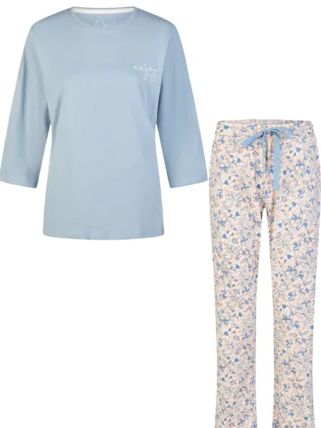 By Louise Dames pyjama set lang/driekwart mouw lichtblauw/wit gebloemd Veelkleurig