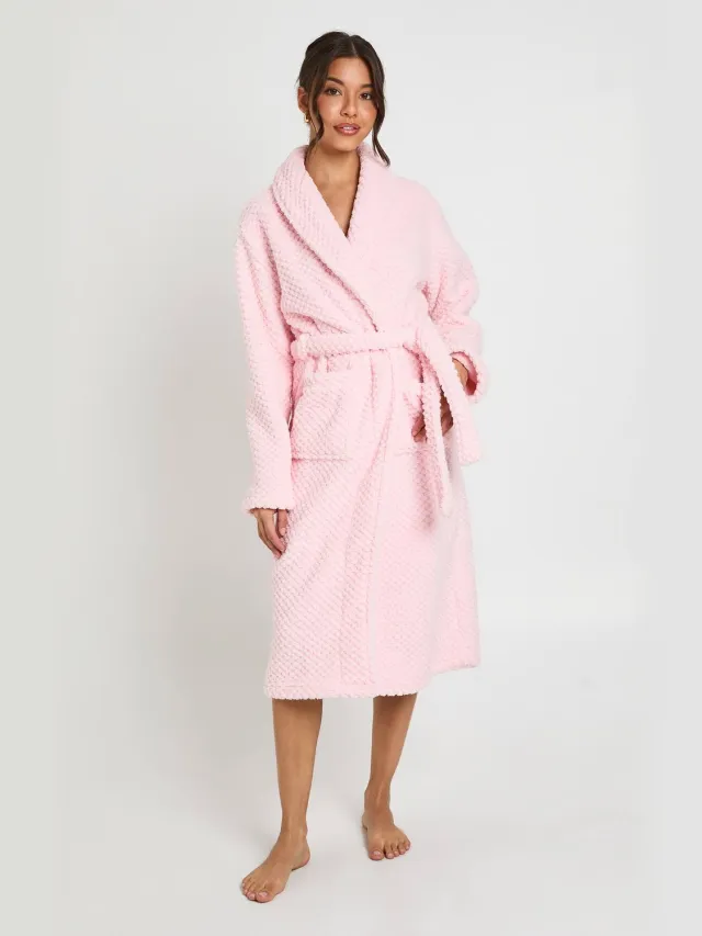 boohoo Dames Wafelstructuur Fleece Lange Badjas Lichtroze