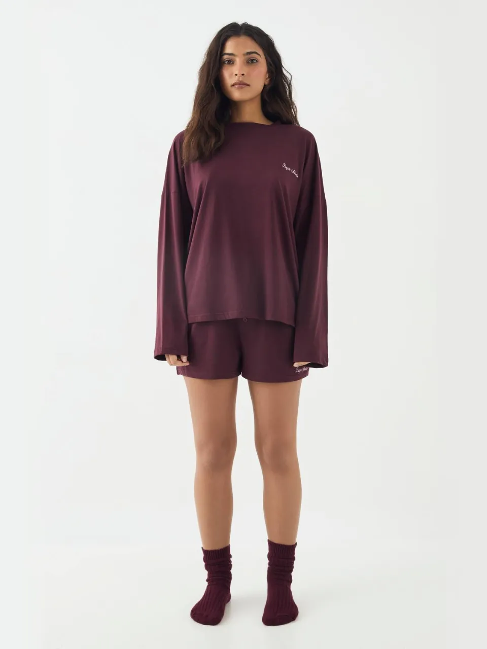 Dames DSGN Studio Lounge Lange Mouw Oversized Superzacht T-Shirt bordeaux rood, foto 3