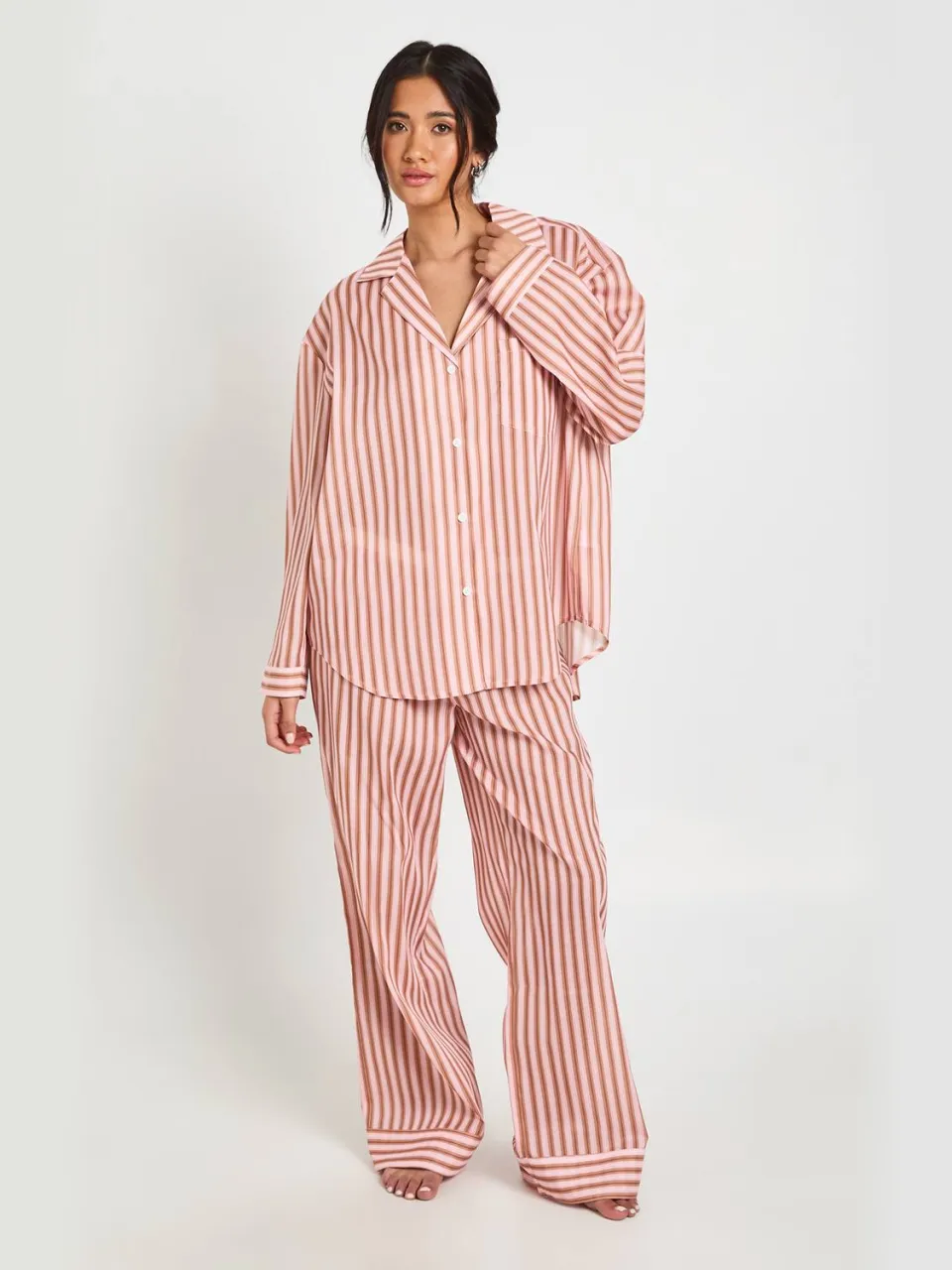 boohoo Dames Katoenen Gestreepte Oversized Pyjama Set Met Shirt Met Lange Mouwen En Broek roze
