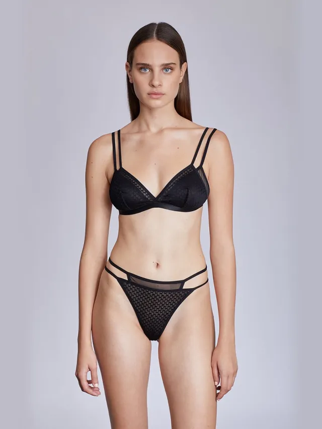 Purple-Daisy Lara Double Layer Lingerie Setje voor vrouwen | 2 delige set | Niet-voorgevormde Zonder beugel Bh+string (20BR03) - ZWART