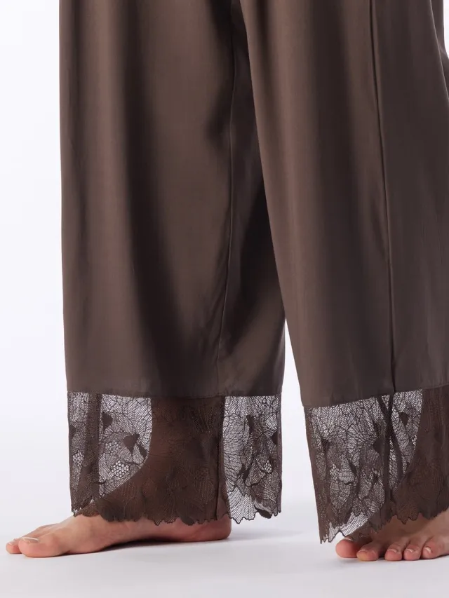 Schiesser dames Modern Lace lang pyjama van geweven stof met kant - deep brown
