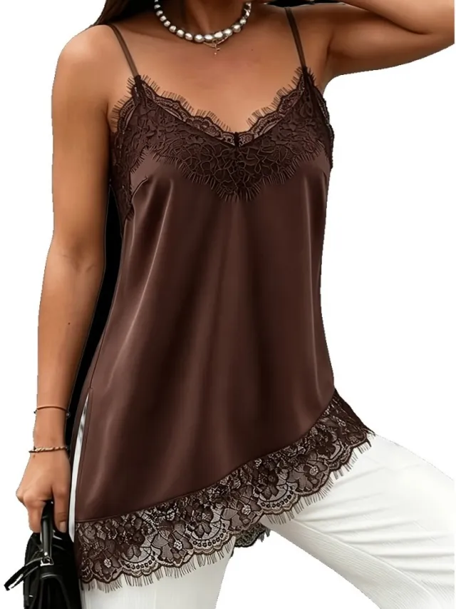 Currero Top Met Kant Dames - Topje - Kleding - Shirt - Blouse - Kort - Volwassen - Donkerbruin
